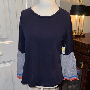 Crown & Ivy Navy Top with Striped Sleeves